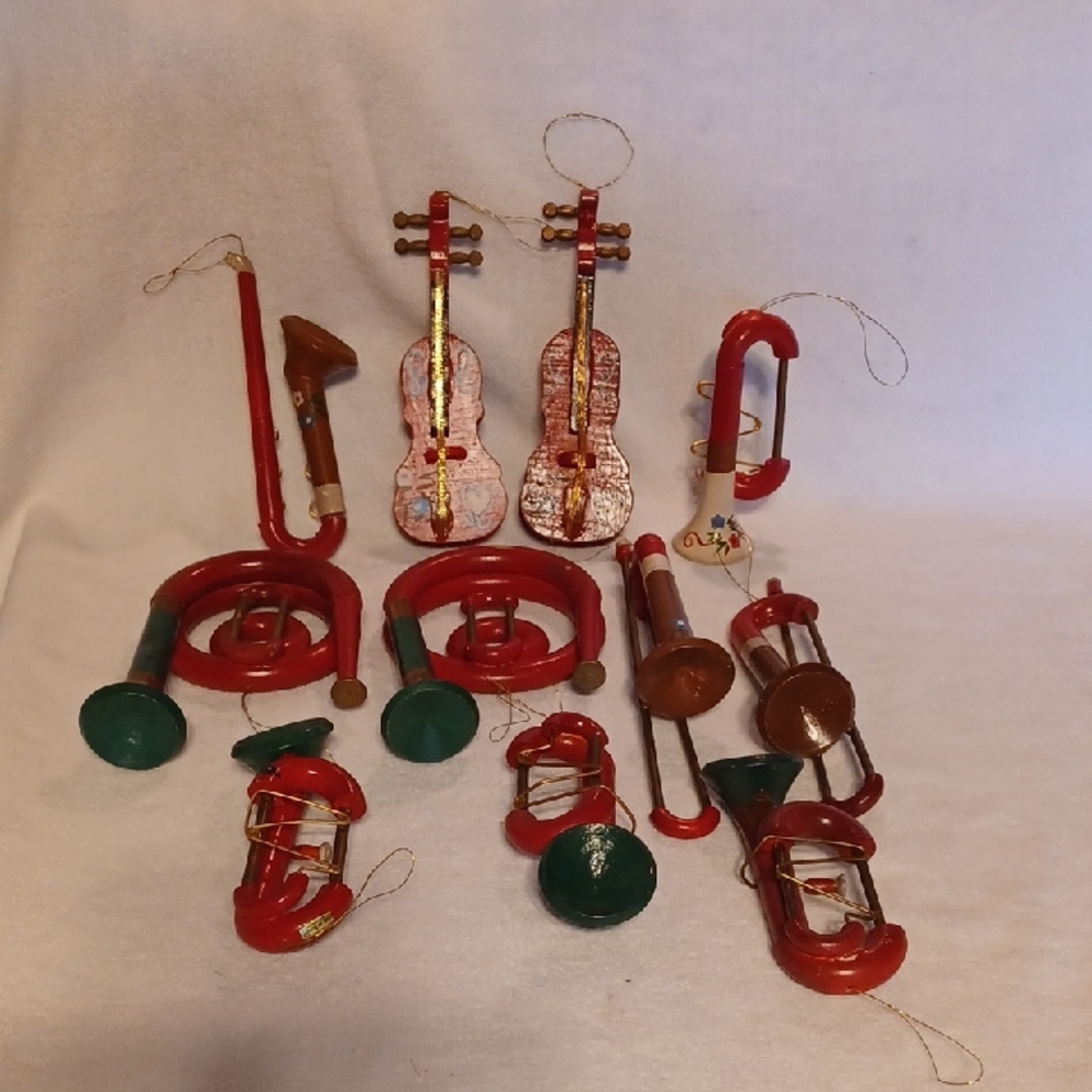 Vintage Red and Green Musical Instrument Ornaments Wooden Instruments 1950's